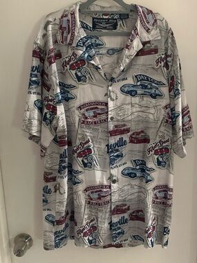 Newport Short-Sleeve Button-Up Racing Print Shirt - White/Blue/Red